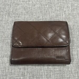 Fossil Wallet Womens Brown Leather Snap Foldable Quilt Pattern 5"x4"